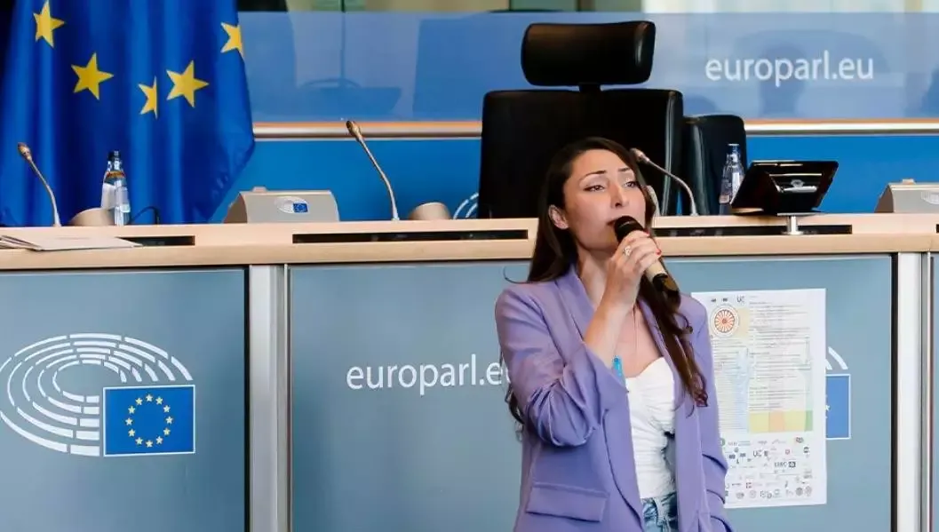 Woman speaking at European Parliament podium